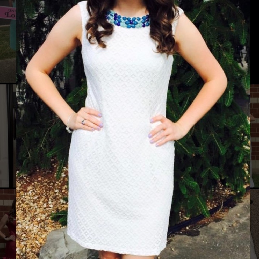 White Lace Dress Blue Jewel Detail Size 4